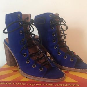 Cobalt suede 3 inch stacked heel lace up shoes